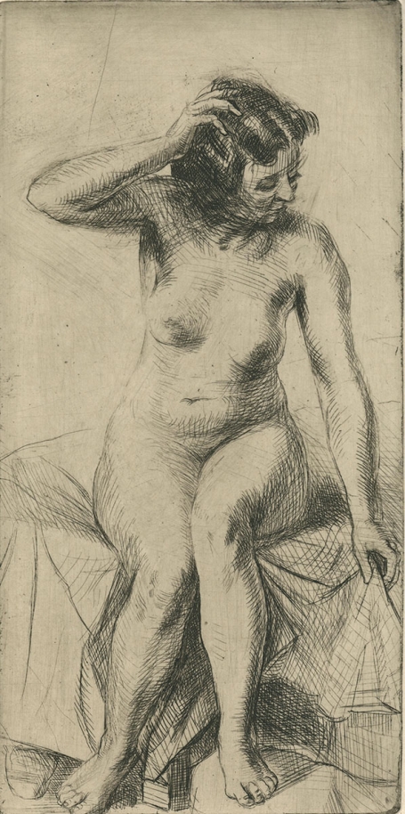 Belgische etser R. Malfliet met een ets naakte dame