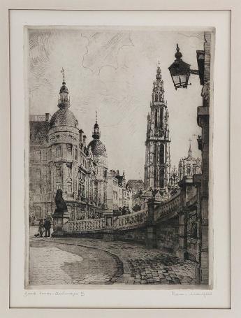 Belgische etser R. Malfliet met een ets van Antwerpen