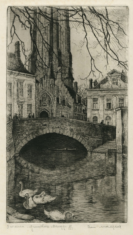 Belgische etser R. Malfliet met een ets van Brugge