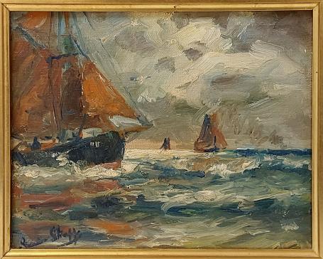 Romain Steppe met een schilderij van boten