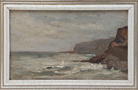 Romain Steppe met een schilderij van de Franse kust