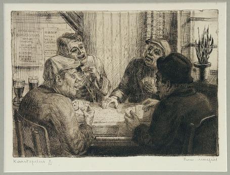 Belgische etser R. Malfliet met een ets van kaartspelers