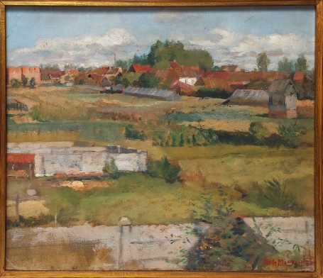 Belgische schilder R. Malfliet met een schilderij