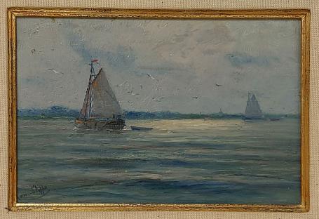 Romain Steppe met een schilderij op paneel