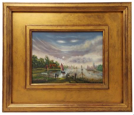 Rudi De Vos met een schilderij op bord geschilderd