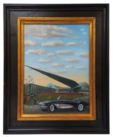 Rudi De Vos met een schilderij op bord geschilderd