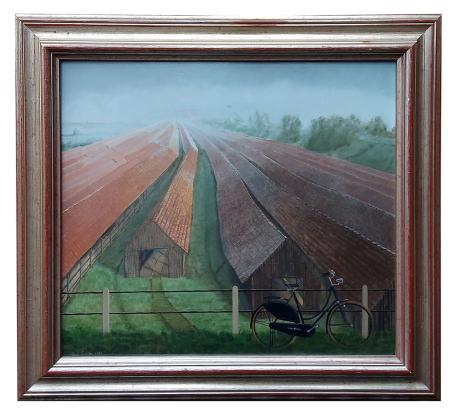 Rudi De Vos met een schilderij op bord geschilderd