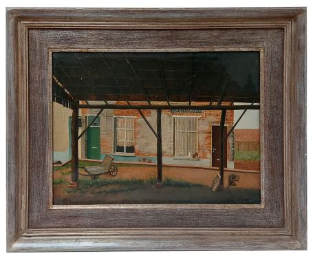 Rudi De Vos met een schilderij op bord geschilderd