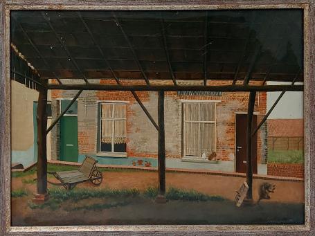 Olieverfschilderij van straat met kar en rat