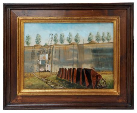 Rudi De Vos met een schilderij op bord geschilderd