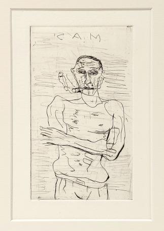 Droge naald, zelfportret SAM par Sam Dillemans, pointe sèche signée dans la plaque, encadrée.