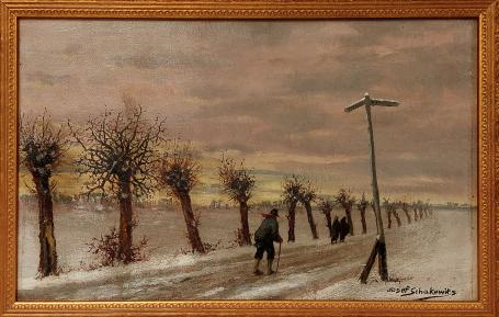Josef Schakewits met een olieverfschilderij