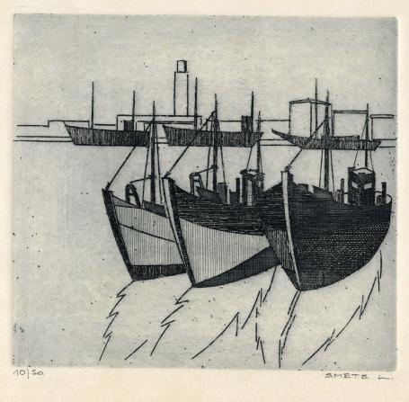 Zicht op vissersboten in het water te Oostende