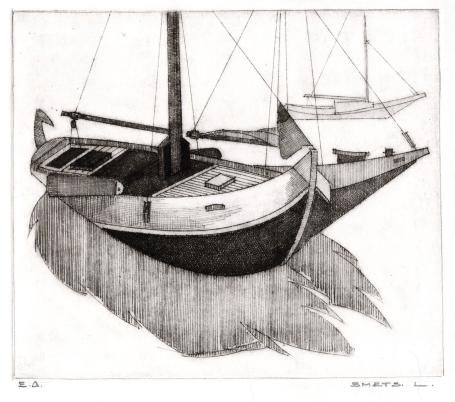 Zicht op een boot in het water, een tjalk