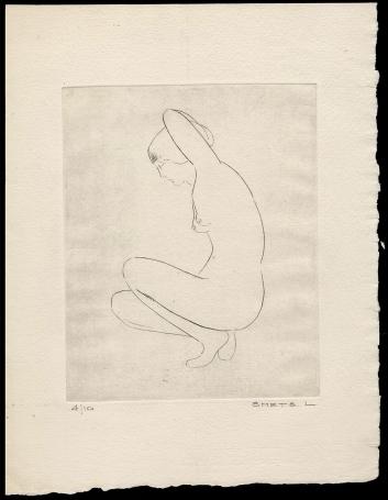 Kunstwerkje op papier, gehurkte naakte vrouw