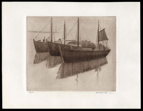 Vissersboten te Oostende, ets, grafisch kunstwerk