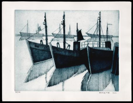Vissersboten geëtst door Mechelse kunstenaar Léon Smets