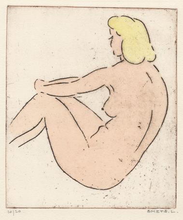 Een ets van Léon Smets, naakte vrouw
