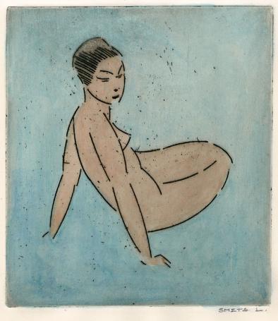 Een kleine ingekleurde gravure  van Léon Smets, naakte vrouw