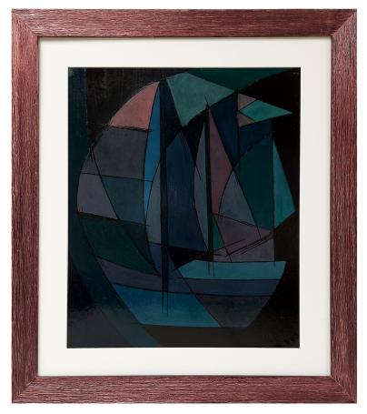Abstracte zeilboten, oil on cardboard by Léon Smets, geometric composition with blue and green tones, framed.