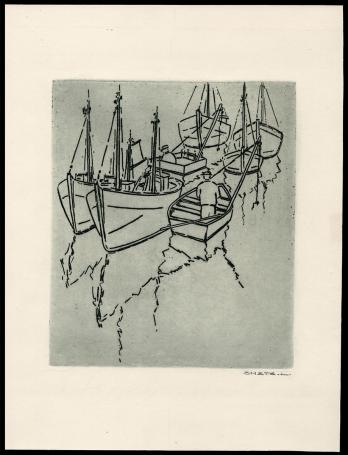 Vissersboten en vissers geëtst door Mechelse kunstenaar Léon Smets