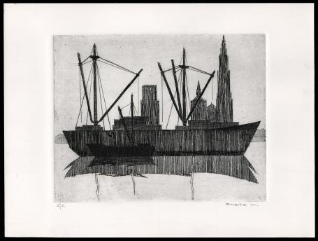 Schepen in Antwerpen geëtst door Mechelse kunstenaar Léon Smets