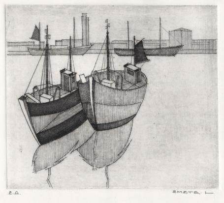 Een kleine ets van Léon Smets, boten te oostende