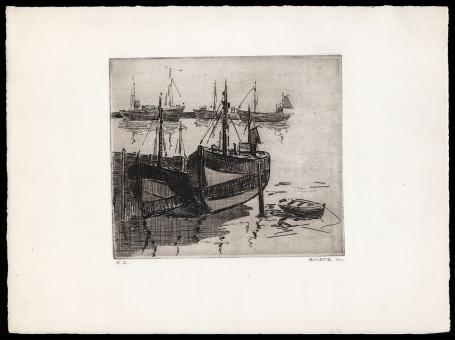 Vissersboten geëtst door Mechelse kunstenaar Léon Smets