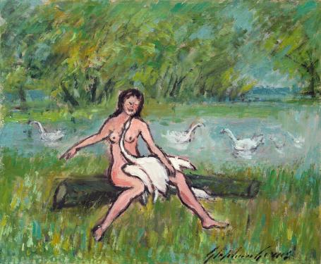 De Belgische schilder Stephan Gorus met een schilderijtje