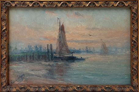 Romain Steppe met een schilderij van de oever van de Schelse