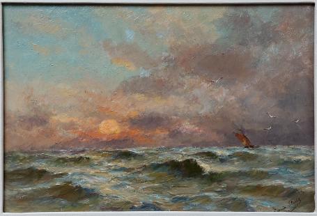 Romain Steppe met een schilderij van ondergaande zon