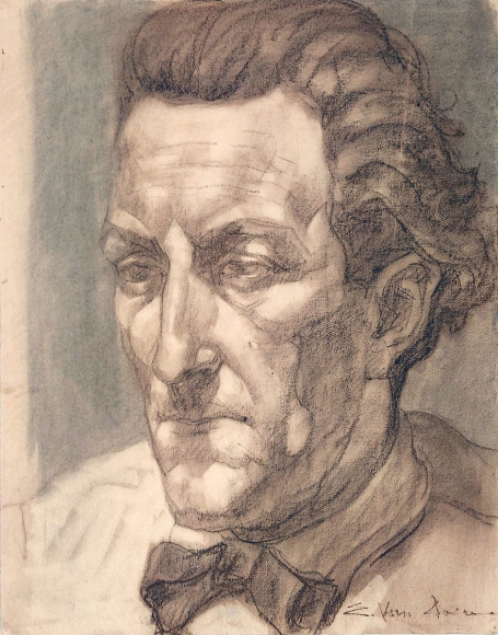 Belgische kunstenaar Edmond Van Dooren met een ets uit 1930