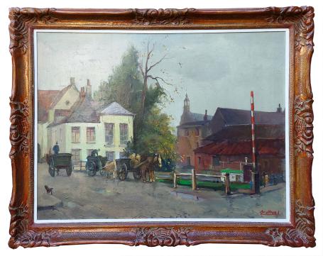 Schilderij “Zicht op Lier 1944” van Jos Tilleux met paardenkarren, gebouwen en brug, olie op doek.