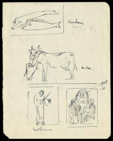 Felix Timmermans met tekeningen op papier