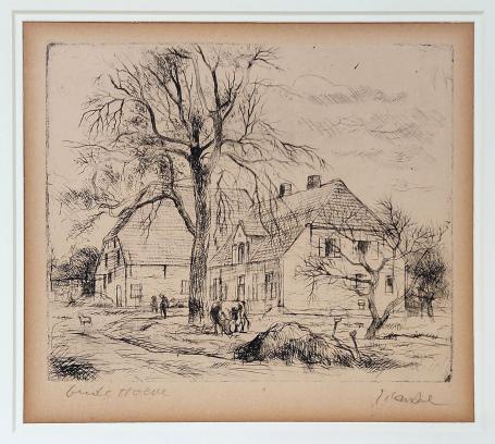 De oude hoeve, een ets van Jules Van Ael in kader