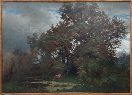 Belgische schilder Joseph Van Luppen met een schilderij op doek
