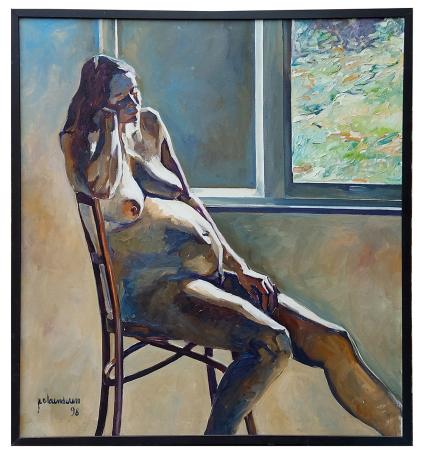 Naakt zittende zwangere dame 1998 van Johan Van Vlaenderen, olieverf op doek, zittend naakt in interieur bij raam met invalle