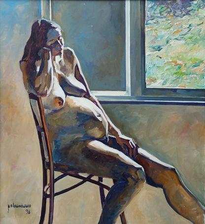 1998 by Johan Van Vlaenderen, oil on canvas, seated pregnant nude in interior near a window with daylight.