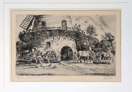 Molen Boechout, een ets van Jules Van Ael in kader