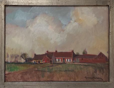 De Belgische kunstschilder Herman Verbaere met een schilderij