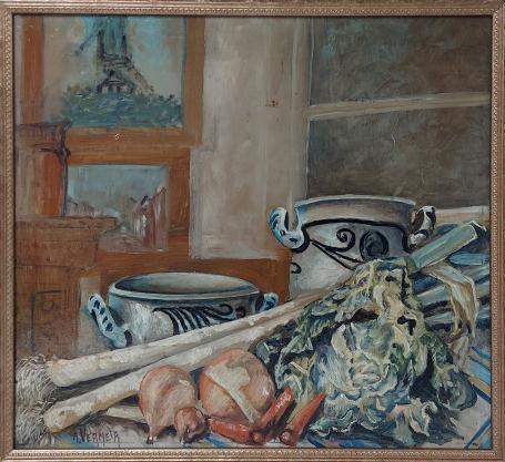 Alfons Vermeir met schilderij op paneel geschilderd