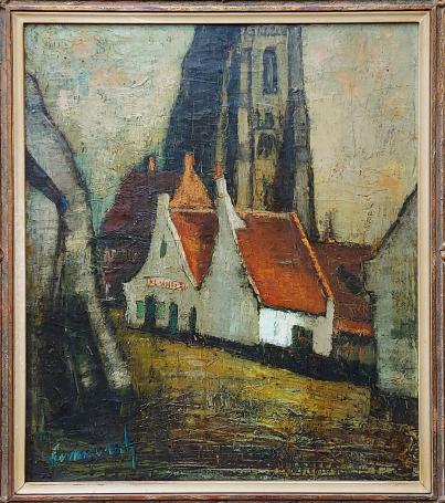Painting “De witte huisjes aan de kerk te Damme” (ca. 1960) by Gerard Vermeersch, showing white houses and a church tower.