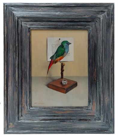 Nature morte à l’oiseau, la cage et la bille – Pol Verswijver – huile sur panneau
