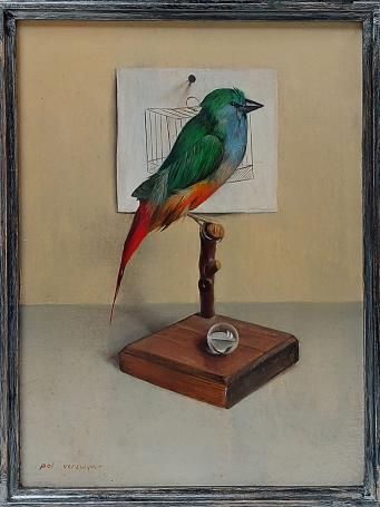 Stilleven met vogeltje, kooi en knikker – Pol Verswijver – olieverf op paneel