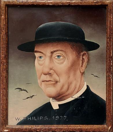 Portrait of a priest wearing a black hat, painted by Walter Philips in 1977, enamel on panel, with original frame.
