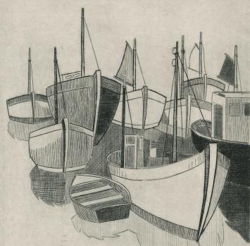 Vissersboten en sloep op het water