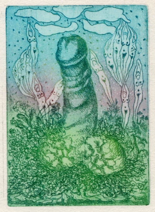 Surrealistische ets van Hadewijch Ouwendijk