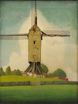 kunstschilder Staf Stientjes met een schilderij van een molen