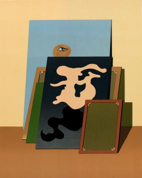 De Belgische kunstenaar Maxime Van De Woestijne met een kunstwerk op papier