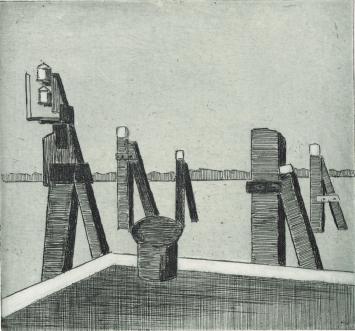 De Belgische etser Léon Smets met een grafisch kunstwerkje